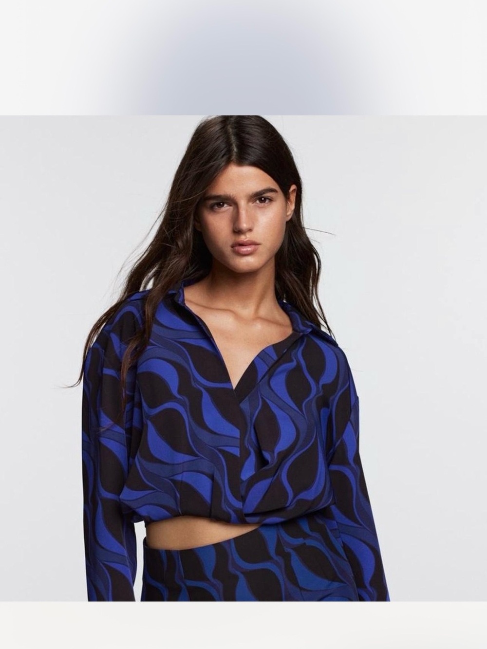 Zara Blue & Black Abstract Swirl Wrap Blouse – Size S